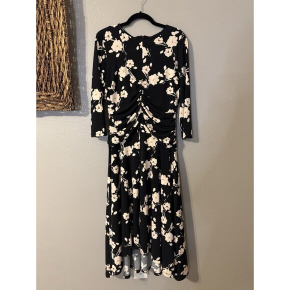 Maggy London Midi Dress 14 Black Pink Ivory Floral Ruched 3/4 Long Sleeve NEW - Picture 13 of 16